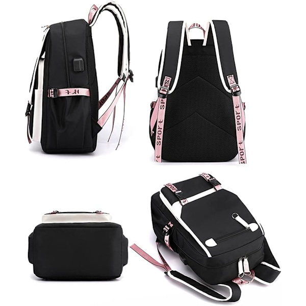 Ryggsäck för tonårsflickor, skolryggsäck för gymnasiet, utomhusryggsäck med USB-laddningsport (21L, Svart Rosa) White