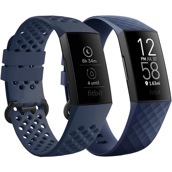 Erstatningsklokkerem kompatibel med Fitbit Charge 3/Fitbit Charge 4 bånd for kvinner, menn, flytende silikon klassiske armbånd 2 pakke (mørkeblå, L)