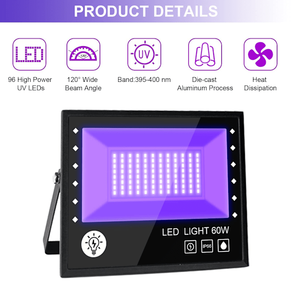 60W LED Svart Lys, Vanntett IP66 Utendørs UV Lys Projektor, Lilla LED Lampe, Effektbelysning for Fest, Disco DJ, Kveld