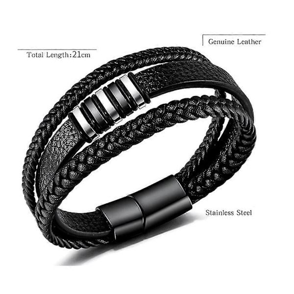 Sort læderarmbånd til mænd - Mænds gave, 23 cm