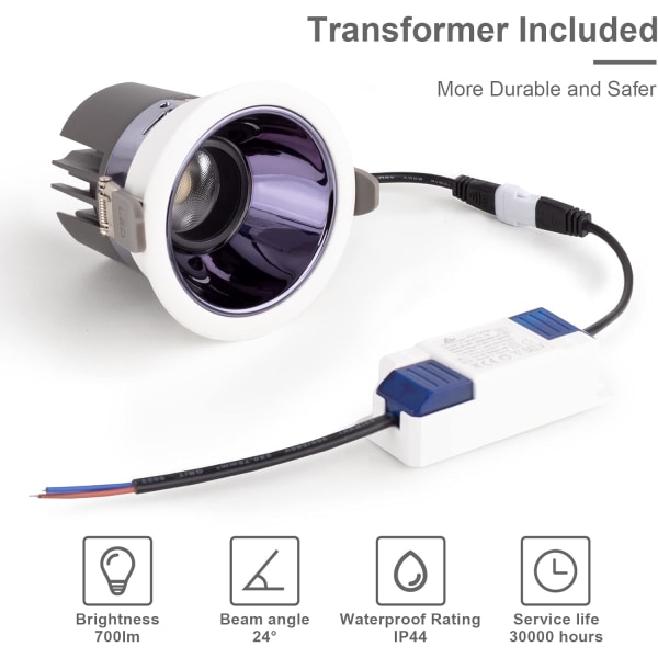 Infälld LED Badrumsspotlight 6-pack 7W 700LM = 70W Glödlampa, IP44, Naturvit 4000K, AC 220-240V, Utskärning 70-75mm (Vit)