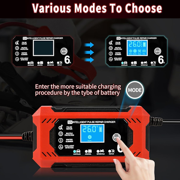 Bil- och motorcykelbatteriladdare, 12V 6A Smart batteriladdare med LCD-display, bilbatteriladdare för bilar, motorcyklar, lastbilar, gel, SLA