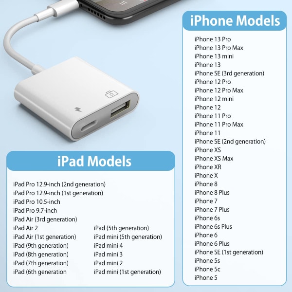Saliop USB-adapter for iPhone/iPad, USB OTG-adapter og ladeport 2 i 1, kameraadapter støtter lyd/MIDI-grensesnitt og kortlesere