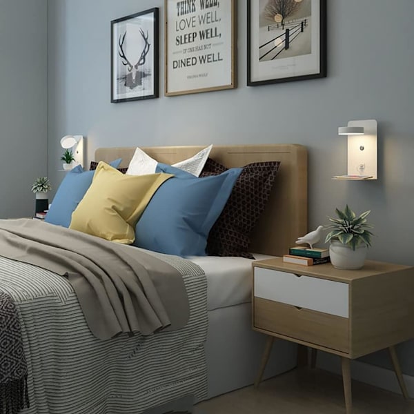 Justerbar Vägglampa Sänglampa 12W LED, med USB-port för Laddning, 3 Färgtemperaturer Justerbara, Sängläsningslampa för Sovrum Vardagsrum, Vit