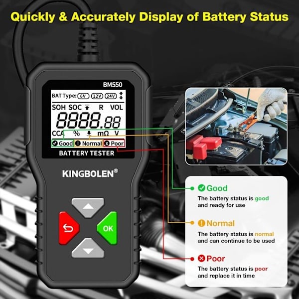 Akkutesteri - BM550 - 6V 12V 24V - 100-2000 CCA - Digitaalinen analysaattori - Käänteisen napaisuuden suojaus