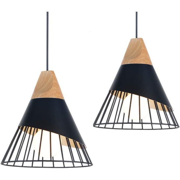 2x Vintage Pendel, Træ Metal Design Industriel Loftslampe i Pendel Lampeskærm 27 Lighting Væglampe til spisestue køkken, sort