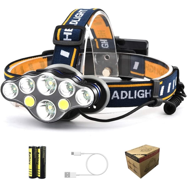 Uppladdningsbar pannlampa, 8 LED-strålkastare 18000 Lumen med 1 USB kabel och 2 batterier, USB -uppladdningsbar superljusjusterbar vattentät huvudlampa