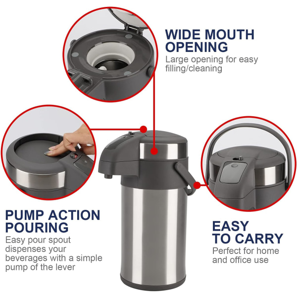 Kahvipullo - 4 litran eristetty pumpputoiminen ilmakannu - ruostumattomasta teräksestä valmistettu thermal -annostelija BPA-vapaa kahvikannu