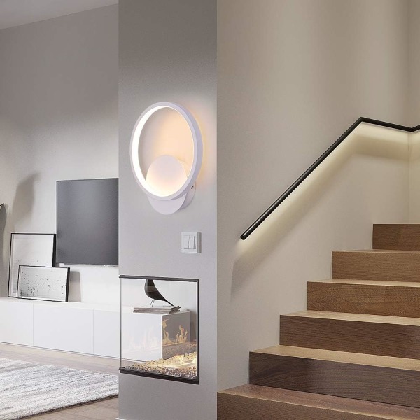 Vägglampa inomhus, modern 12W rund vägglampa, trefärgad ljusreglering, lämplig för vardagsrum, sovrum, trappor, korridor (vit)