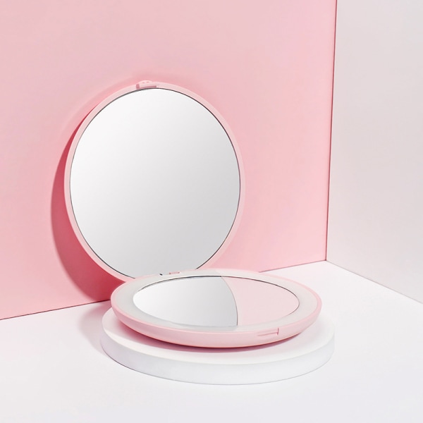 Lille spejl, 1x/5x forstørrende lille spejl med lys, håndholdt 2-lommes spejl, rejsesminkespejl, 3,5" lille pungspejl, pink