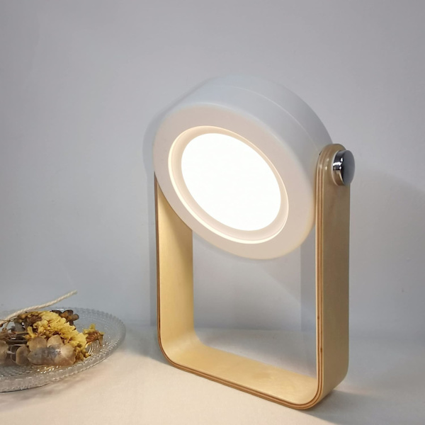 Sammenleggbar Nattbordslampe, USB Oppladbar LED-lampe, Berøringskontroll 3-Nivå Lysstyrke Treskaft Bordlampe (Hvit)