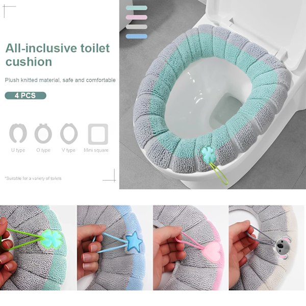 Sæt med 4 Toiletbræt Dæksler med Håndtag Blødt Badeværelse Toiletlåg Dæksel Pude Tyk Strækbar Vaskbar Universal Størrelse