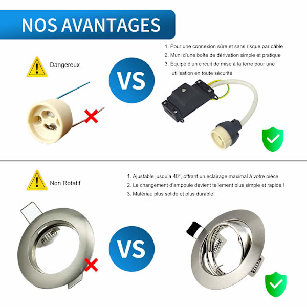 Sett med 10 monteringsrammer for innfelte spotter, GU10 innfelt spotsett, LED dreibar støtteramme, IP20, rund, svingbar 40°