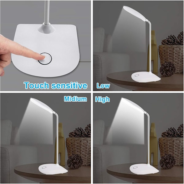 Fleksibel bordlampe med svanehals, 3 lysstyrkeniveauer, 5W berøringskontrol, batteridrevet bordlampe