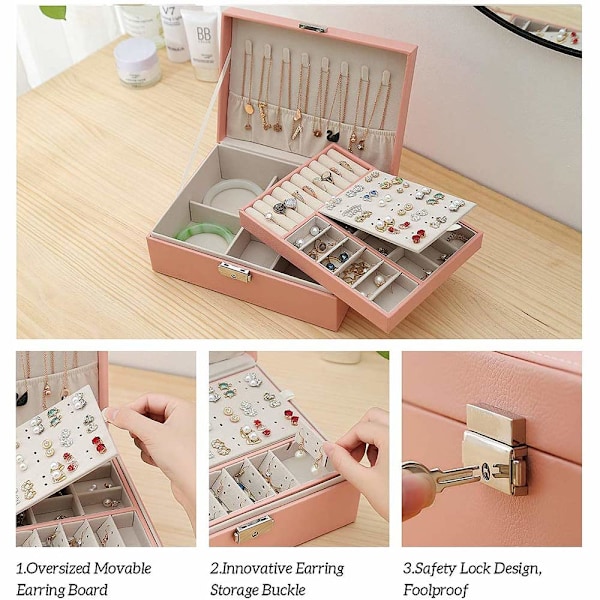 Smykkeskrin, dobbeltlags PU læder opbevaringsboks til kvinder til ringe, øreringe, armbånd, halskæder, smykkeorganisator gaveæske (Mors dags gave) Pink