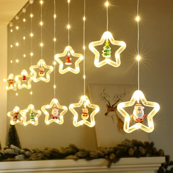 Christmas Window Lights, 3m Christmas Star Curtain Lights USB Xmas Fairy Lights Novelty Window Winter Decorations for Bedroom Indoor Home, Warm White