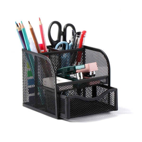 Skrivbordsförvaring, Organizer i mesh , Skrivbordspenna med 4 sorteringsfack, utrymmesbesparande pennhållare （svart）