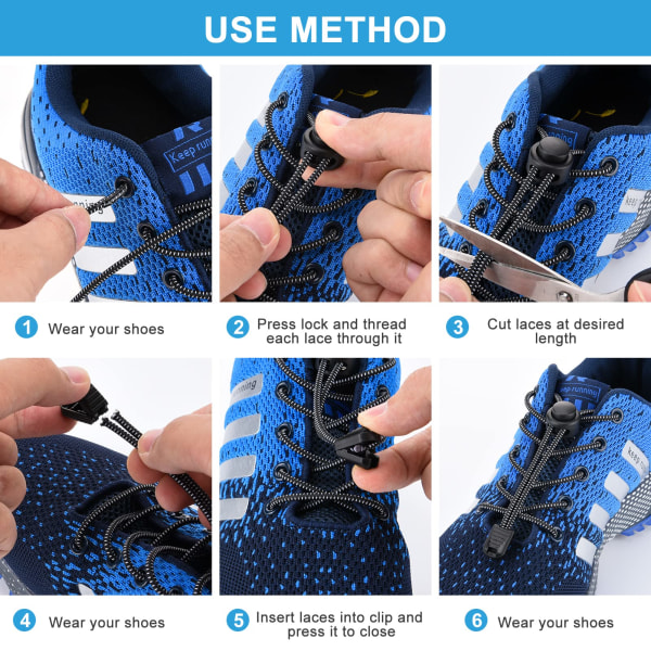 4 par uten knyte elastiske skolisser med metallspenner, justerbare elastiske lisser for trenere, løpesko, båndløse skolisser.