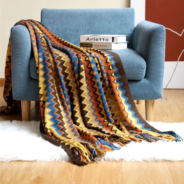 Bohemisk Stickad Pläd Nordisk Stil Pläd med Fransar, Akryl Stickad Pläd Dekorativ för Soffa Stol Säng Soffa 127 * 152cm