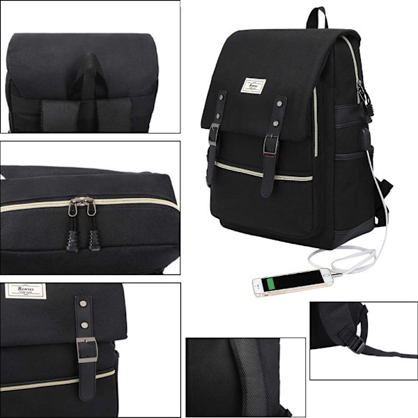 Laptopväska upp till 15,6'' Casual Vattentät Affärsrese Ryggsäck Skolväska Unisex USB Laddningsryggsäckar Black