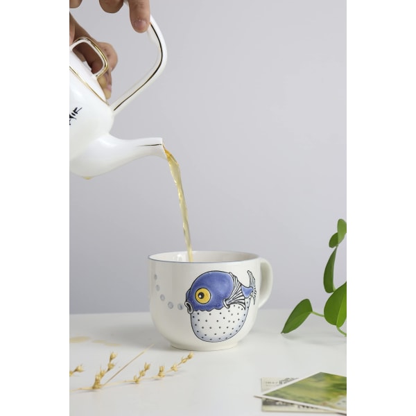 Keramisk kaffemugg 16 oz med handtag kopp keramik mjölk lattemuggar för kontor och hem Födelsedagspresenter Diskmaskin och mikrovågssäker (bubblad fisk)