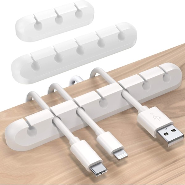 3-pak kabelstyringsklemmer til ledningsorganisering - selvklæbende organisator til USB-opladningskabel, museledning, pc, kontor, hjem white