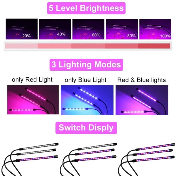 Växtlampa, 60 LED fullspektrum odlingslampa Växtljus Växtlampa med 3 timers och automatisk tändningsfunktion