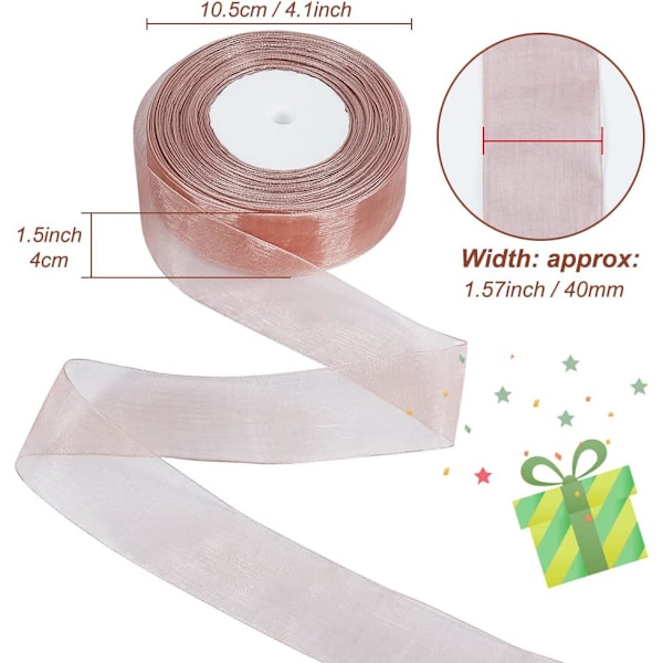 Transparent band, 40 mm x 45 meter, dubbelsidig transparent chiffongband för presentinslagning, julbröllopsfestceremonidekorationer Khaki