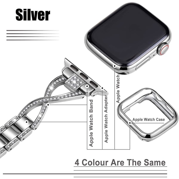 Klokkebånd som er kompatible med Apple Watch 38 mm 40 mm 41 mm 42 mm 44 mm 45 mm Se Series 7 6 5 4 3 2 1 Damesmykker Metallrem med Bling Diamond-erstatning Silver 42mm-44mm-45mm