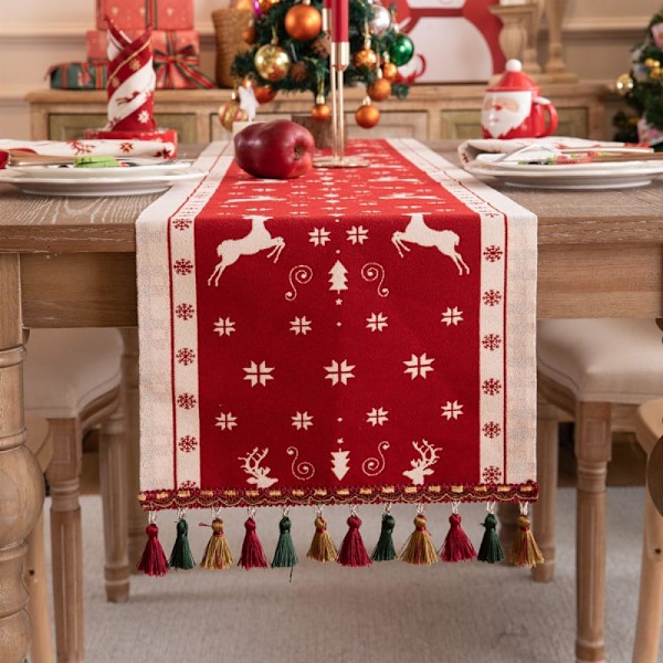 Christmas Tree Elk Jacquard Table Runner - Retro Lucky Red New Year Fringe Tablecloth，Holiday Party Wedding Decorations,35X220Cm