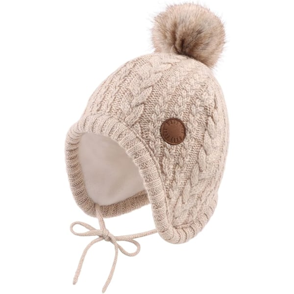 Baby Pojkar Vintermössa Sammetsfodrad Småbarnsmössa med Öronlappar Varma Babymössor för Flickor med Pompon Camel