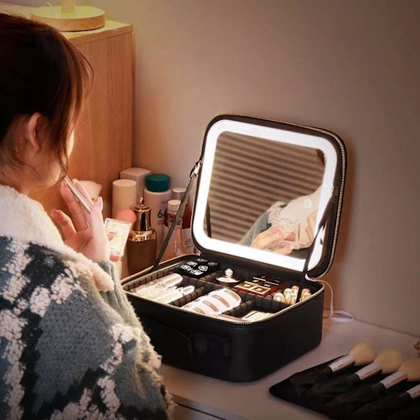 Makeup Rejsetaske med LED-Spejl, Justerbare Skillevægge og Toilettaske i Sort