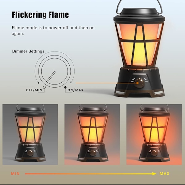Solcellelampe Camping, Oppladbar Retro Lykt Dimbar Lampe med Flamme, Vanntett Bærbar Utendørs Lampe for Hage, Gård, Innendørs Utendørs Dekor