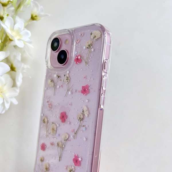 Blommor Skal för iPhone 15/14/13 Transparent Äkta Torkade Blommor Mobilskal Glitter Mjukt Silikonskyddsskal (Gul) Yellow