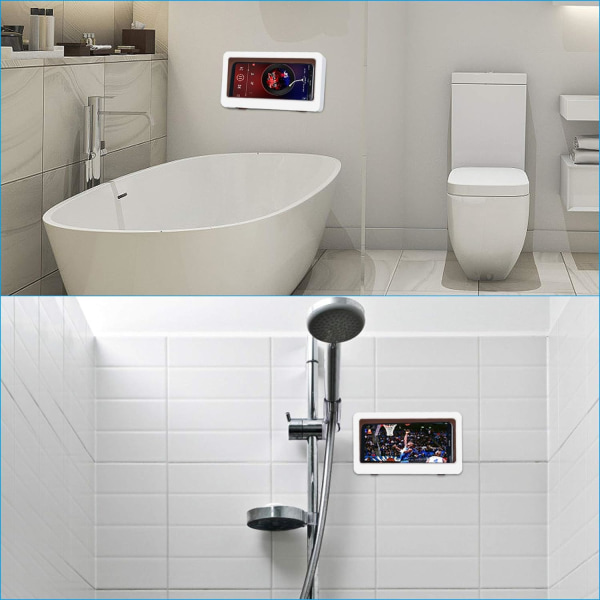 Väggmonterad vattentät mobiltelefonhållare, designad för badrum, HD och anti-dimma pekskärm, kompatibel med mobiltelefoner under 6,8 tum (vit)
