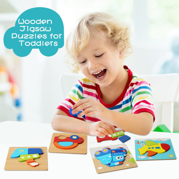 Träpussel Presenter Leksaker för toddler 1 2 3 4 år Lärande Pedagogiska leksaker 4-pack Fordonsform Leksaker Pusselbräda Födelsedagspresenter