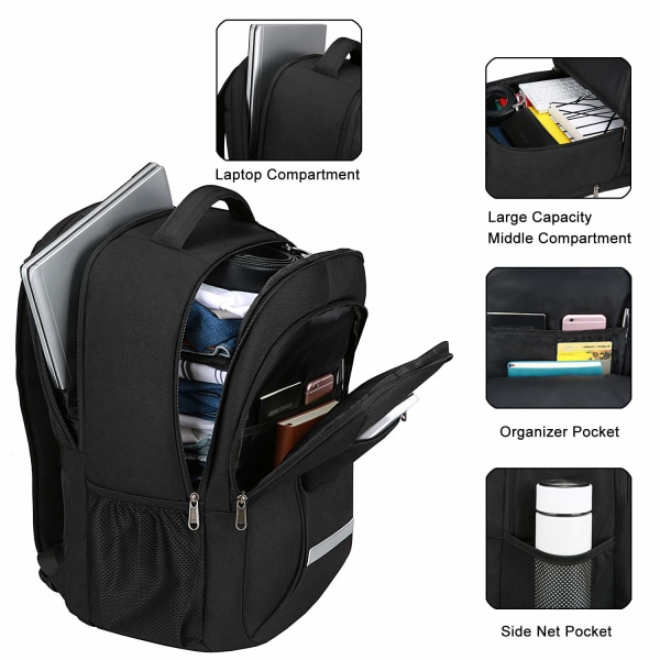 Resebärbar ryggsäck med USB laddning/hörlursport, hållbar vattentät högskoleväska för bärbar dator för kvinnor Passar 15,6 tums bärbar dator, svart