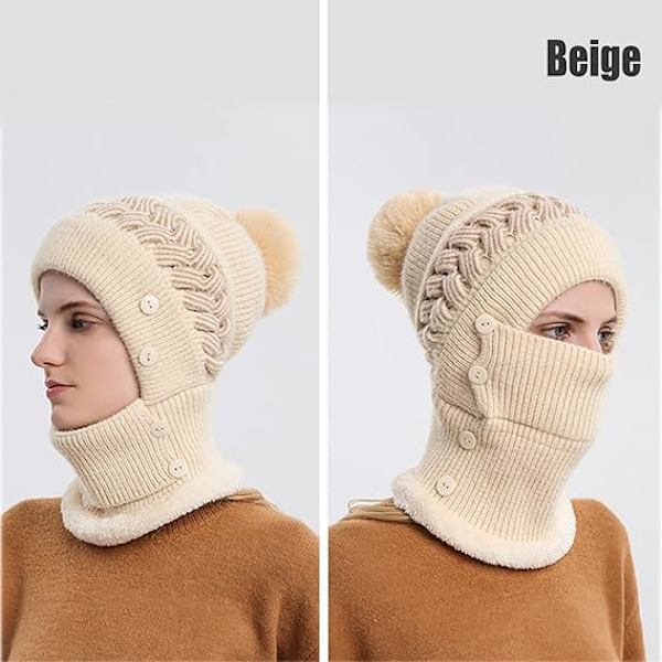 Hattu- ja huivisetti, Talvihattusetti, Naisten huivi- ja hattusetti, Naisten huivi, Hattu- ja maskisetti, Joululahja Beige
