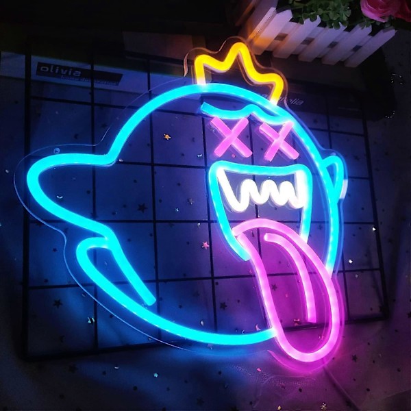 King Boo Neon-skylt, Spöke LED Neonljus med Dimbar Strömbrytare, Spel Neon-skylt