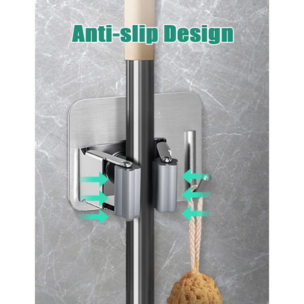 6-pakks koster og moppholder, sølvfarget rustfritt stål, selvklebende kosterholder, moppholder, veggmontert med krok for kjøkken, bad, skap