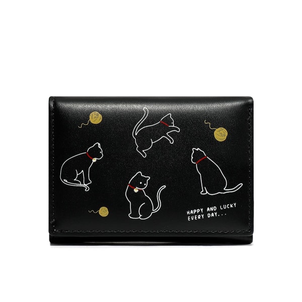 Flickor Söt print Katter som spelar boll Trevikt plånbok Liten plånbok Kontantficka Korthållare ID Fönsterväska för kvinnor (SVART)