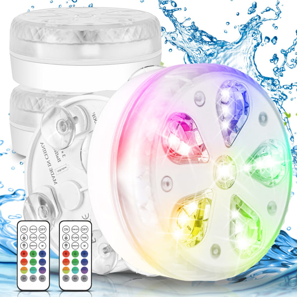 LED poolljus nedsänkbara lampor, LED poolbelysning med IP68 vattentät, flerfärgad RGB 16 lysdioder, extern tätningsring, sugkopp och magnet 4 st