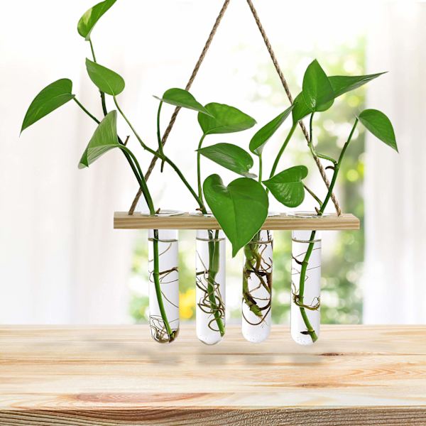 Seinälle ripustettava istutusastia Test Bud -maljakoteline 4 lasisella koeputkella, pöytäasetelma terrarium puinen jalusta hydroponisille kasveille kotiin, puutarhaan ja toimistoon Wood color