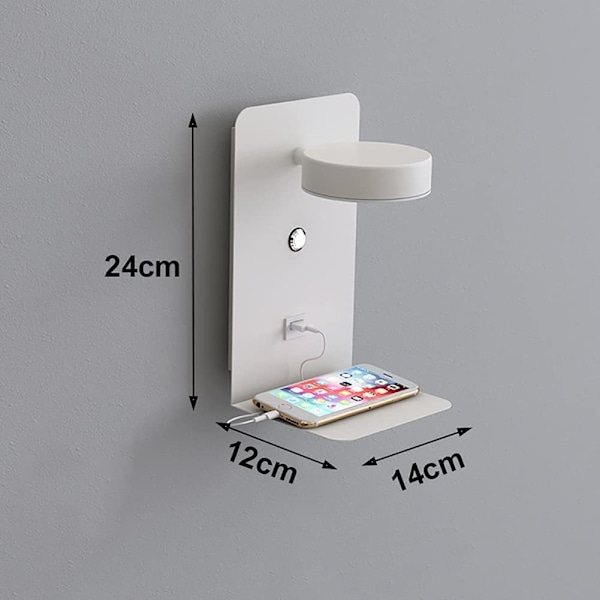 Justerbar Vägglampa Sänglampa 12W LED, med USB-port för Laddning, 3 Färgtemperaturer Justerbara, Sängläsningslampa för Sovrum Vardagsrum, Vit