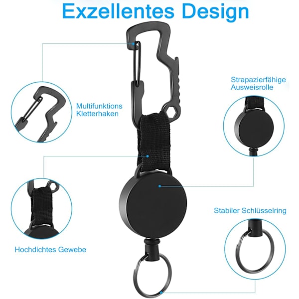 Retrakterbart Nyckelring Nyckelband Heavy Duty Utökningsbart Snöre med Bältesklämma, Badge Reel Clips Förlängare för Arbets-ID-Korthållare, Svart, 2-pack