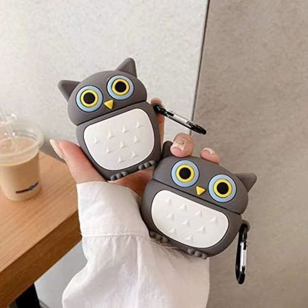 Creative Cute Big Eyes Grey Night Owl Shape høretelefonetui til AirPods 3/pro, Kawaii Standing Owl Soft Silikone Gel Øretelefon Cover Kompatibel (2 stk)