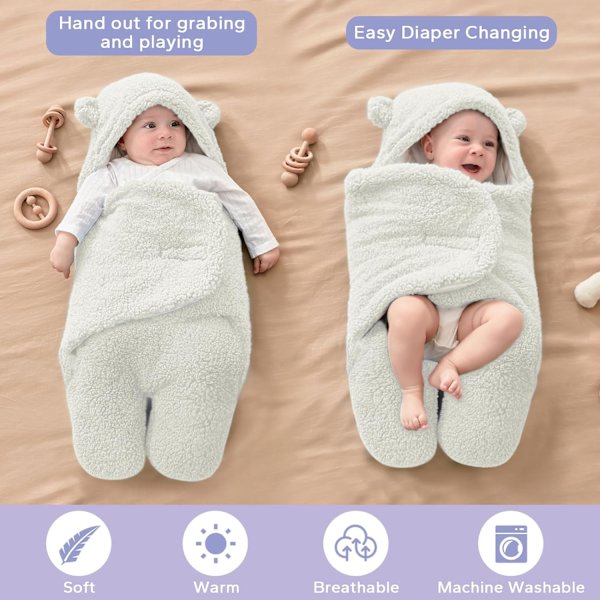 Vauvan hupullinen peitto, Teddykarhu vauvan kapalointiliina, rattaiden vastaanottopeitto, fleece-makuupussi, säkki, vauvanvaatteet pojille ja tytöille White