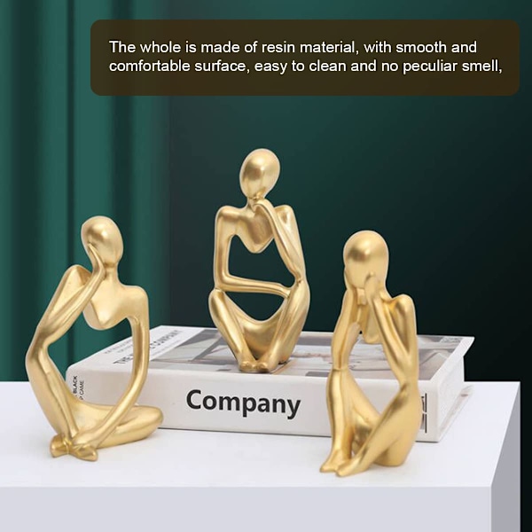 Nordisk Tänkare Staty 3st Abstrakt Tänkare Skulptur Resin Tänkare Figurin Modern Konst Hantverk för Kontor Hem Skrivbordsdekoration (Gyllene)