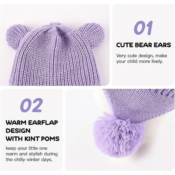 Baby Vinterhue, Sød Bjørnøre Beanie, Varmt Fleeceforet Strikket Hat (50-52cm) L,50-52cm