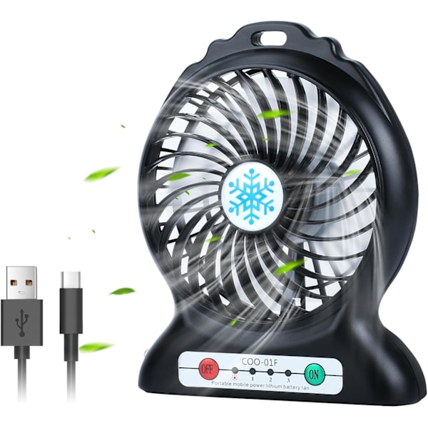 USB-fläkt, Tyst Minifläkt med 3 Justerbara Hastigheter, Portabel USB Uppladdningsbar Fläkt för Hemmakontor Resor Camping (Svart)
